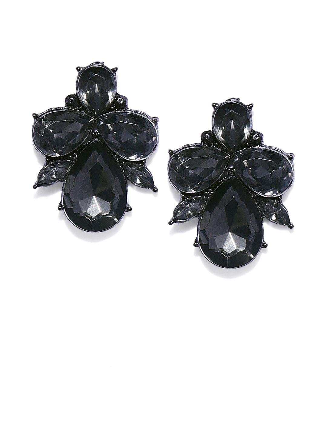 oomph black crystal floral ear stud earrings