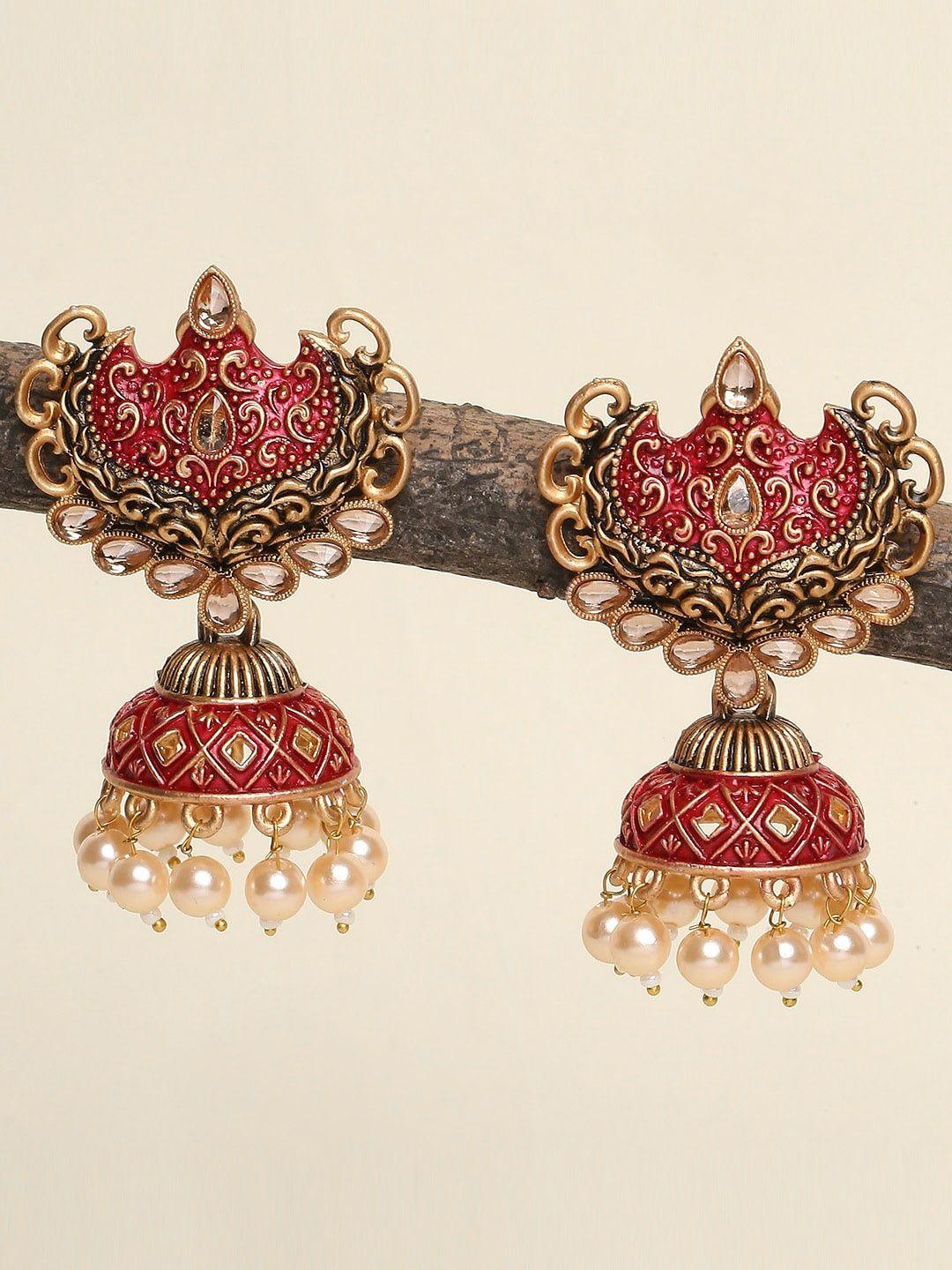 oomph gold-plated meenakari & pearls jhumka earrings