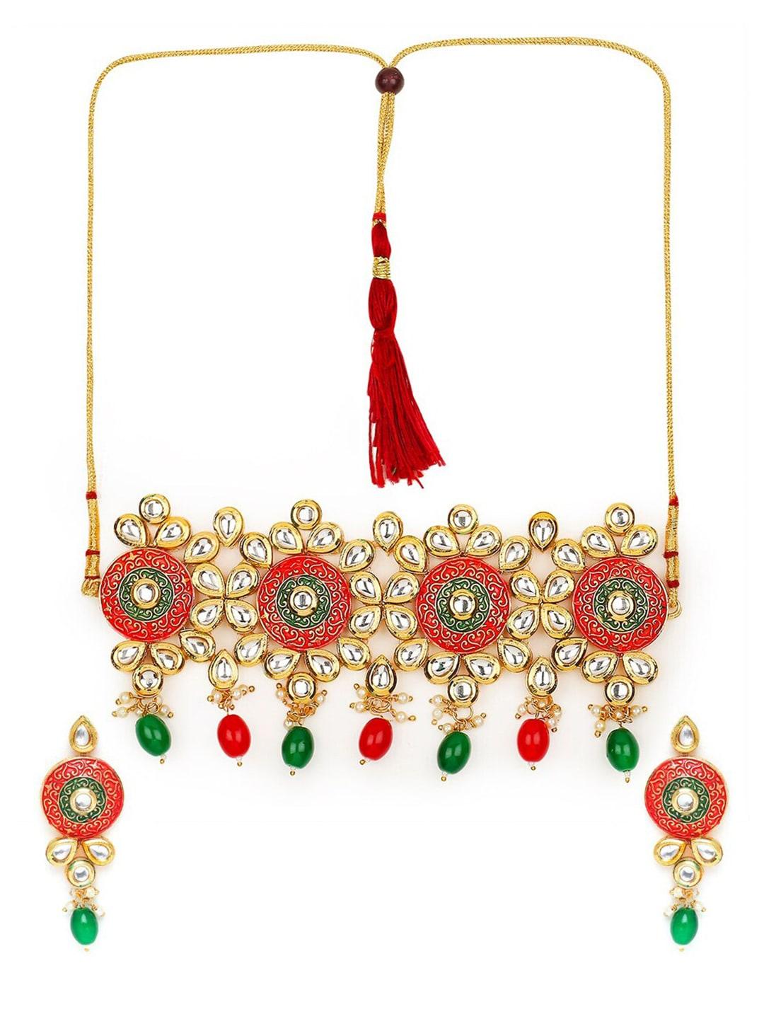 oomph gold-toned red and green kundan-studded & beaded meenakari jewellery set