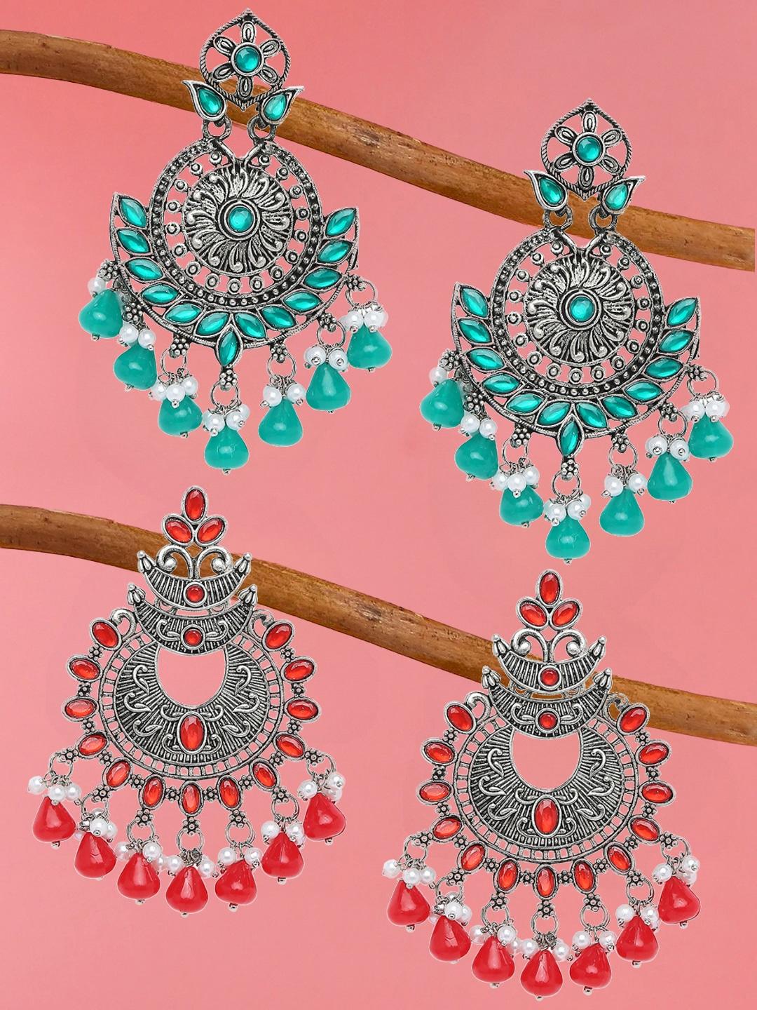oomph green set of 2 floral chandbalis earrings