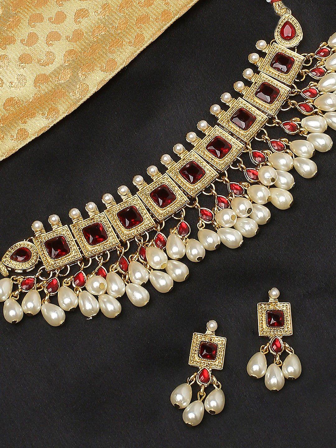 oomph kundan stones & pearls ethnic choker necklace set with drop earrings