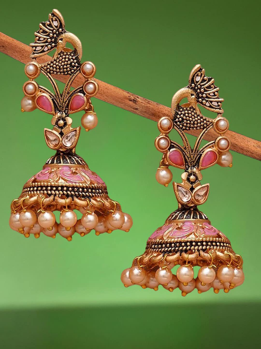 oomph kundan studded & pearls beaded peacock shaped jhumkas