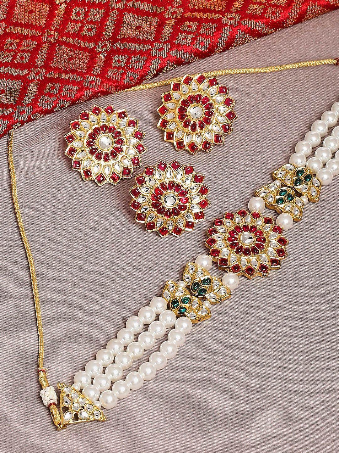 oomph kundan-studded & pearl beaded jadau choker choker necklace & earrings