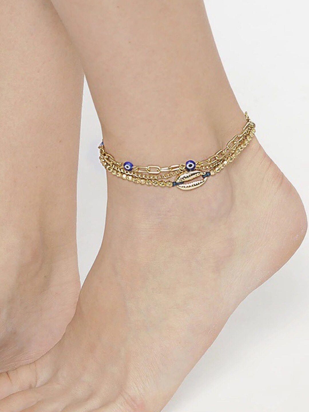 oomph set of 2 gold toned & blue evil eye link chain anklets