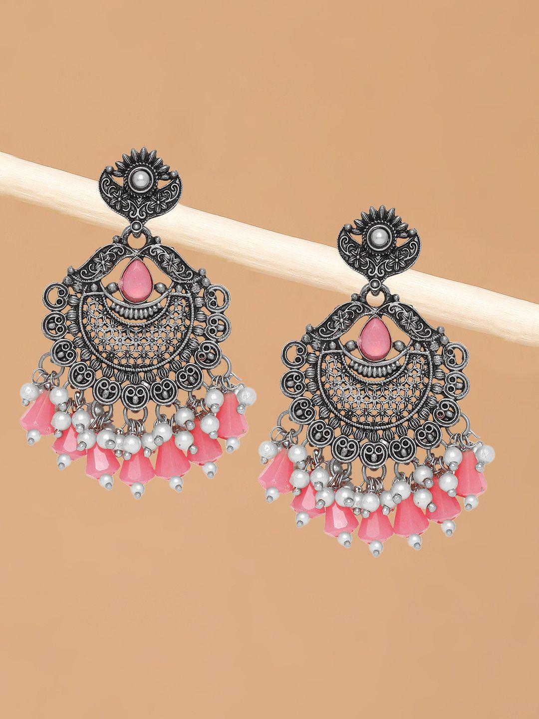 oomph silver-plated stone-studded & beaded oxidised contemporary chandbalis earrings