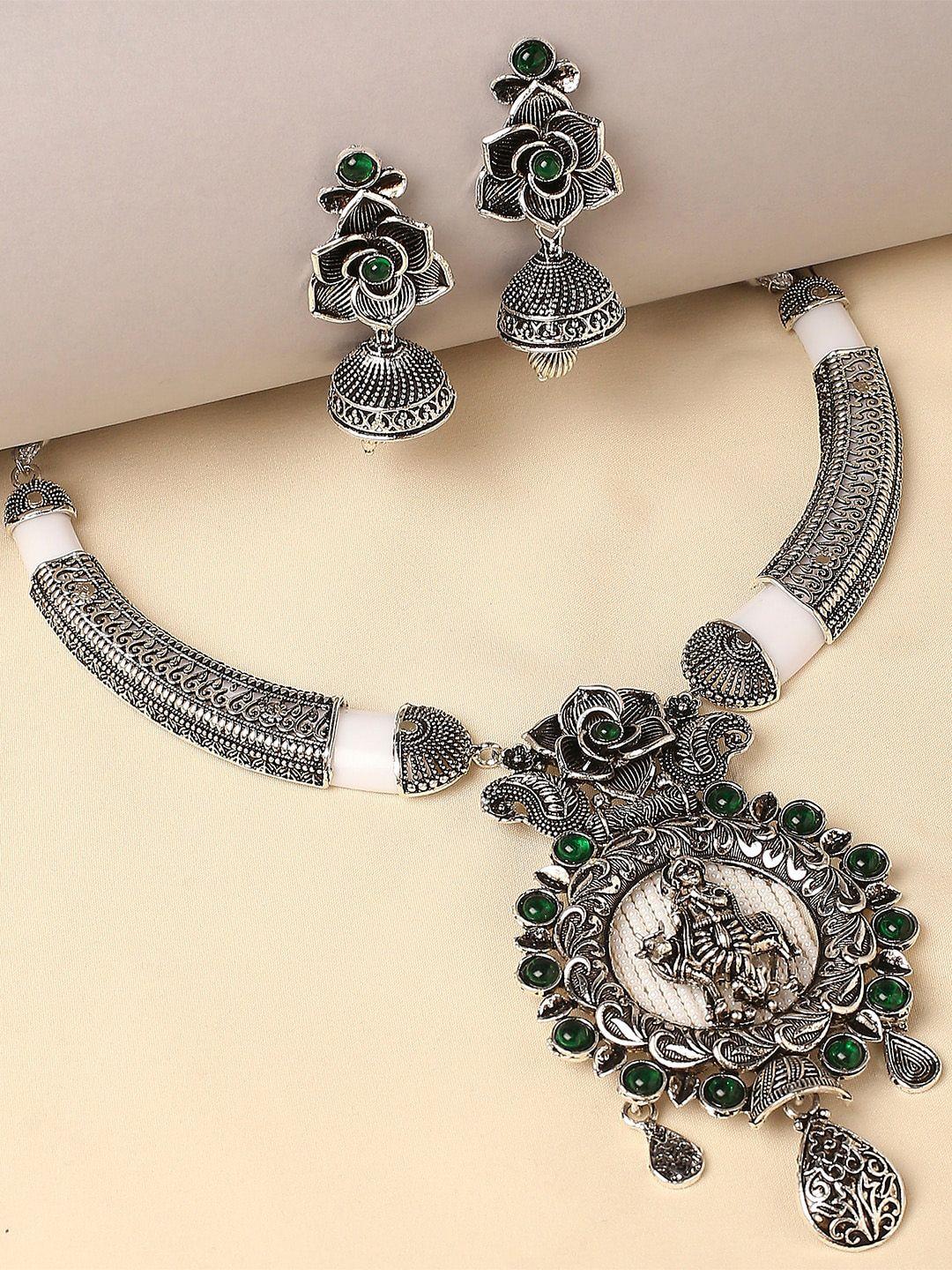oomph stones studded & beaded krishna design oxidised jewellery set