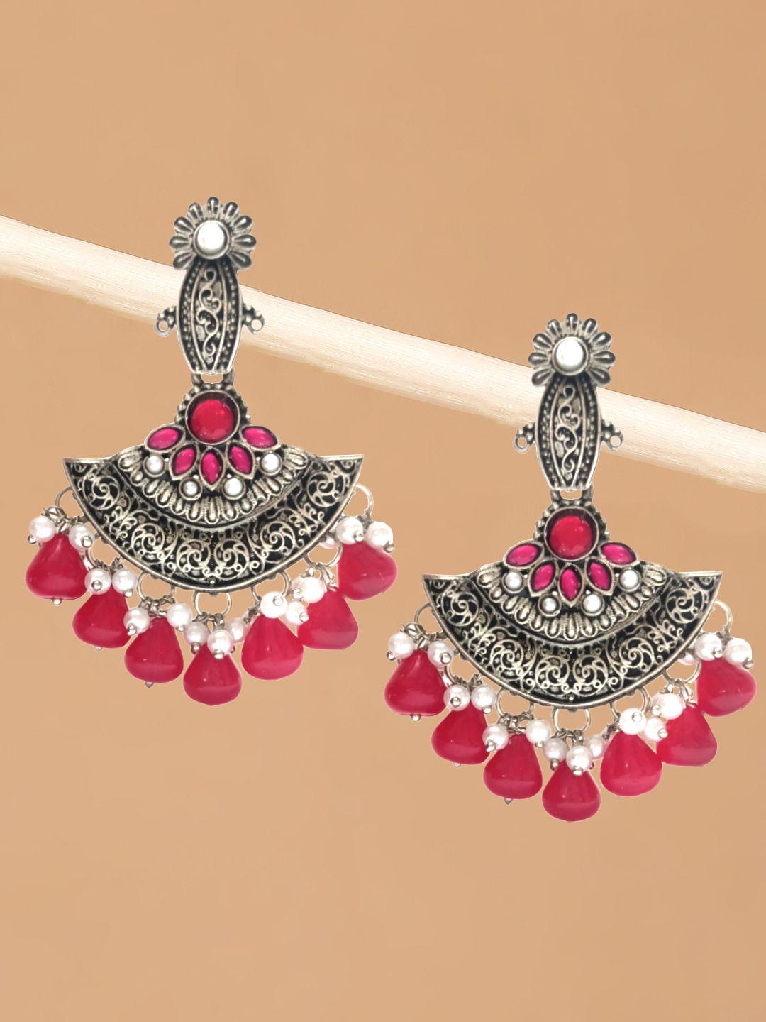 oomph women oxidised silver rani pink stones with pearls ethnic chandbalis earrings