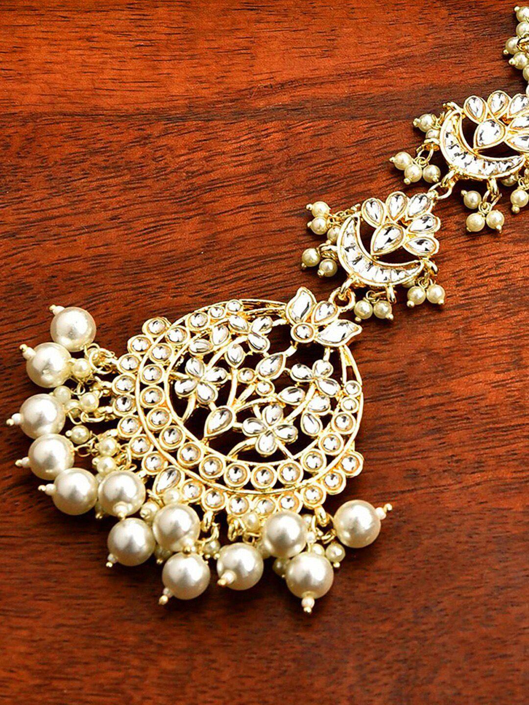 oomph gold-plated kundan & pearls-studded lotus design maang tikka