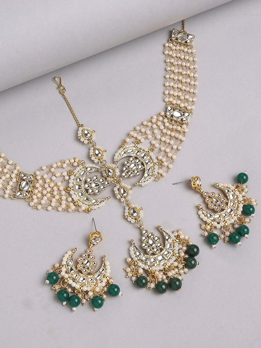 oomph gold plated kundan stone studded & beaded jewellery set