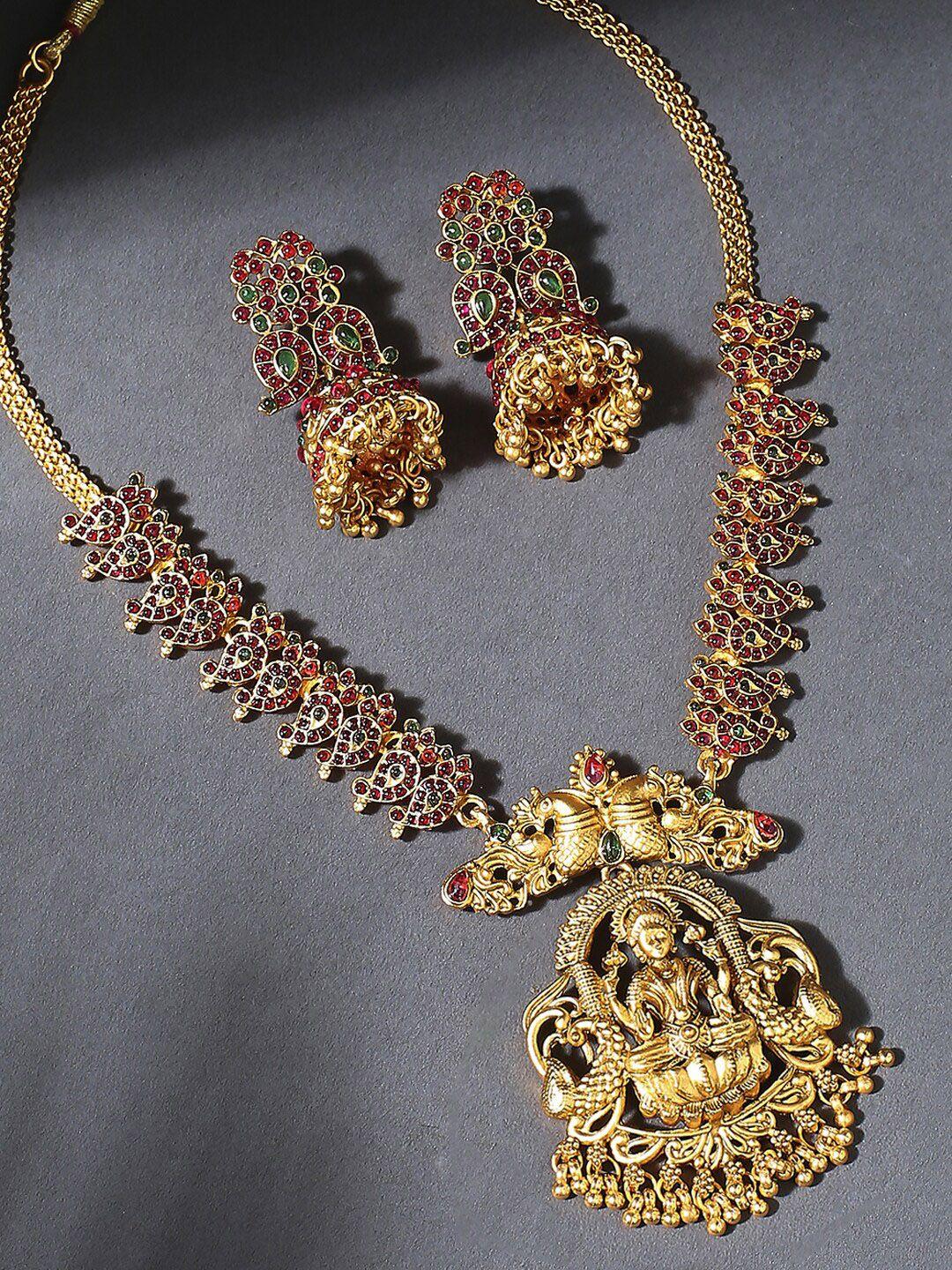 oomph gold-plated stone-studded & pearl beaded temple jewellery set