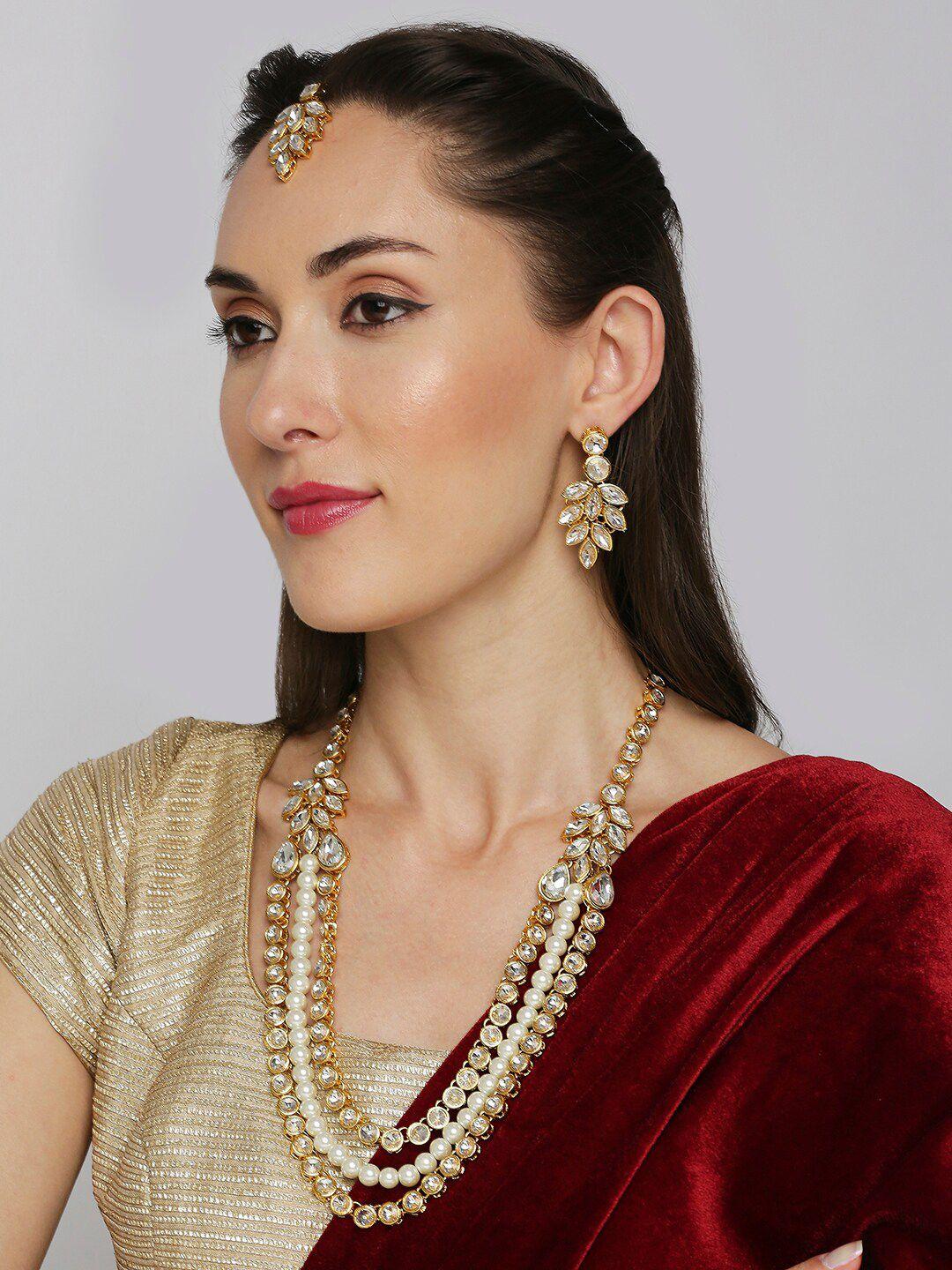 oomph gold-plated white kundan-studded & pearl beaded jewellery set