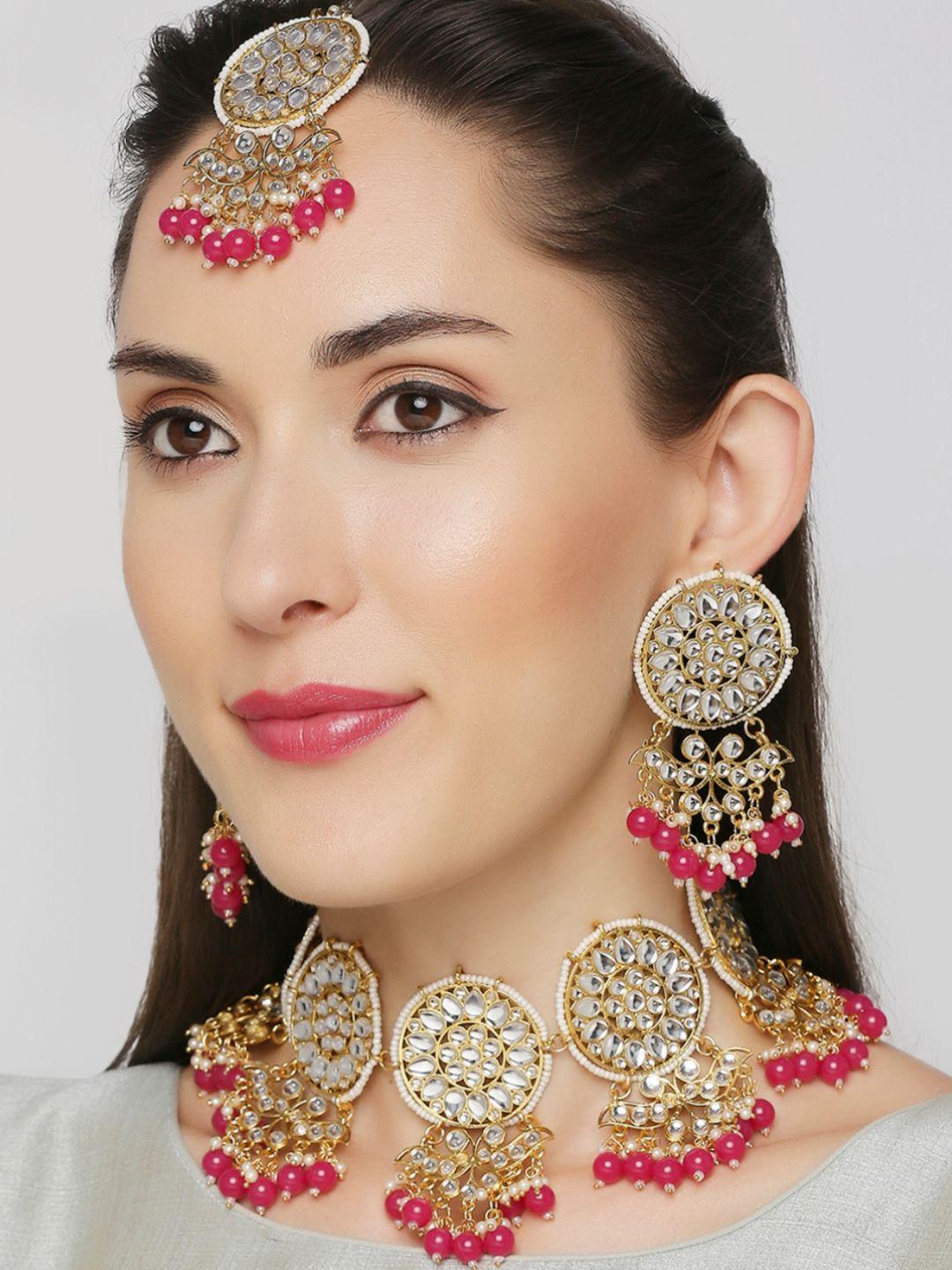 oomph gold-toned, white & pink kundan studded & pearl beaded jadau jewellery set