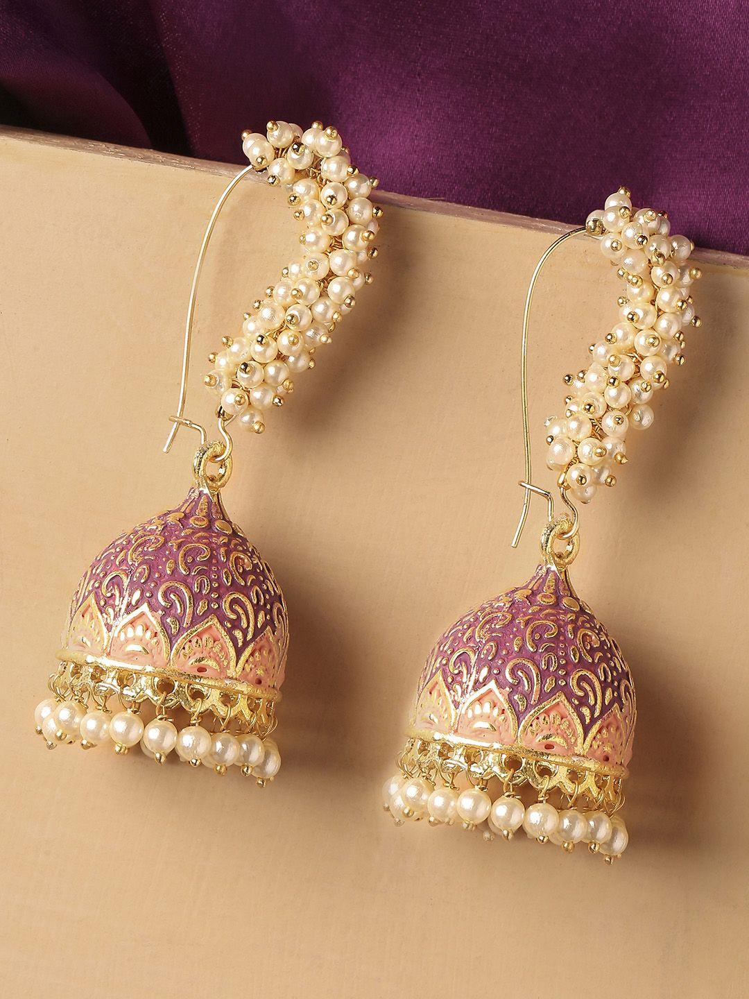 oomph gold-toned & pink  meenakari enamel pearls ethnic jhumka