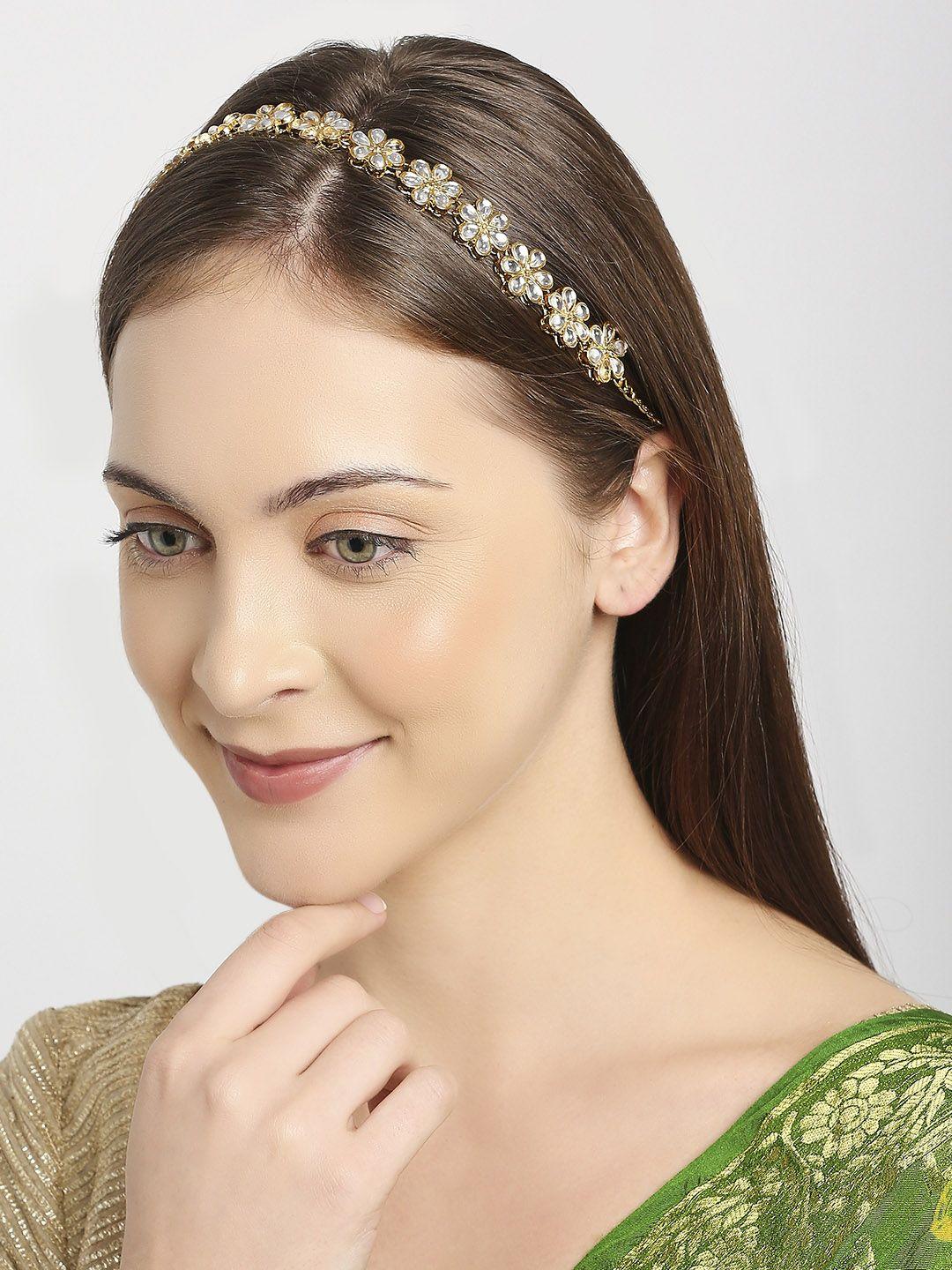 oomph gold-toned & white kundan-studded & pearl beaded hair chain