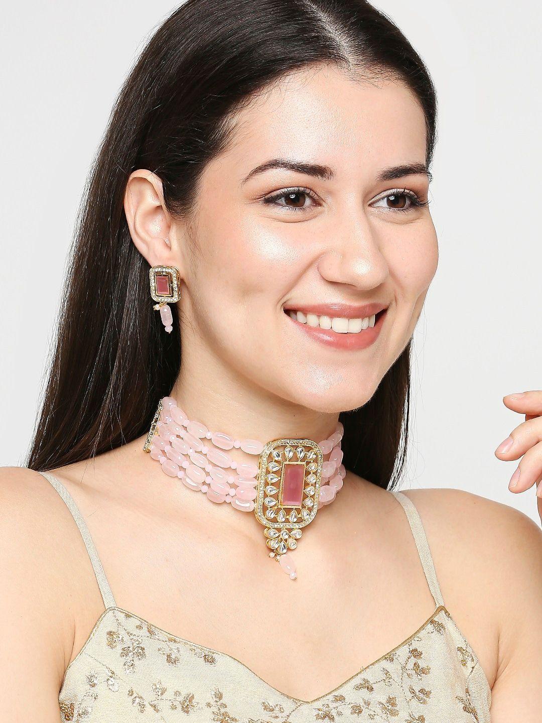 oomph gold-toned and pink opal beaded handcrafted jewellery set