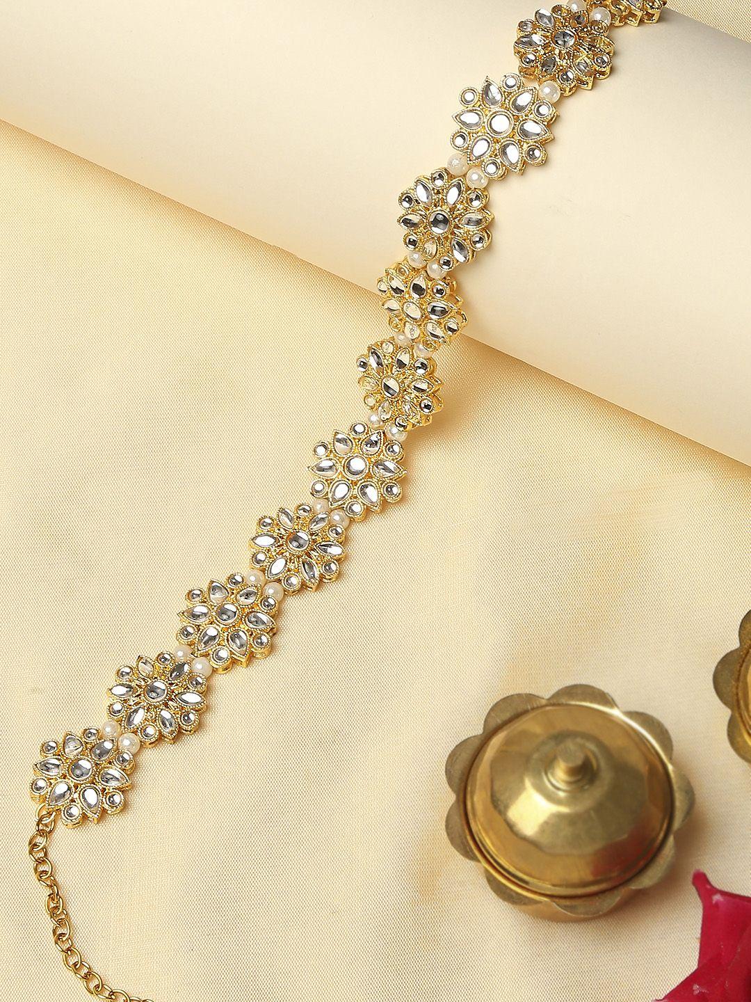 oomph gold-toned kundan-studded pearl beaded head chain
