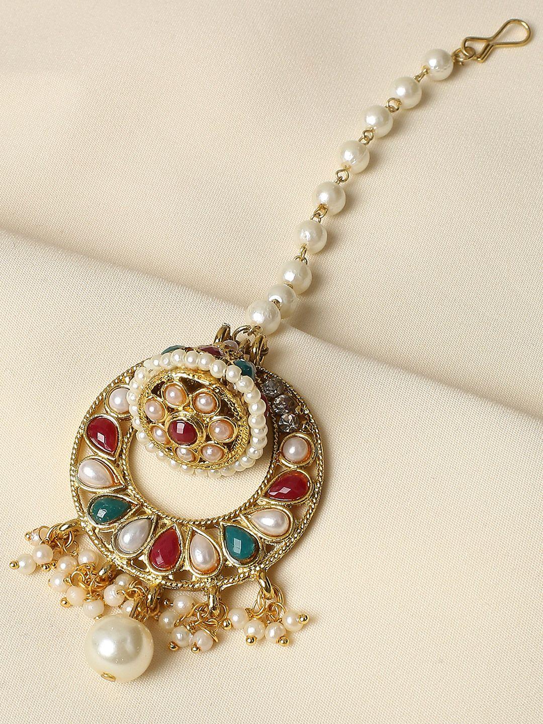 oomph gold-toned red & green stone studded pearl maangtikka