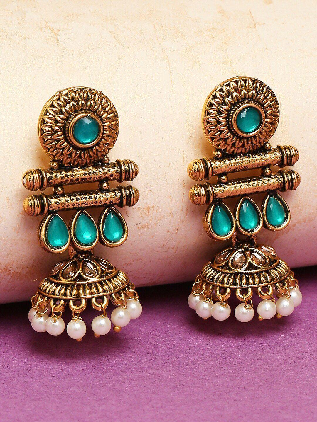 oomph green & gold-toned floral jhumkas earrings