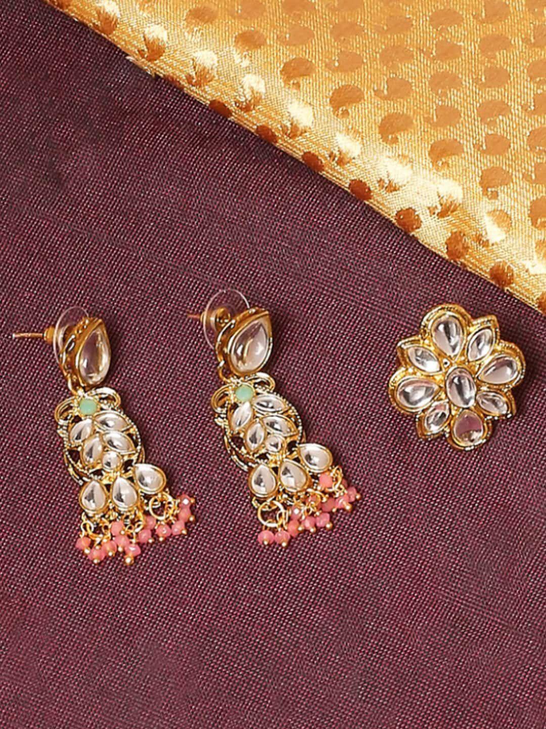 oomph kundan studded & beaded finger ring and earrings