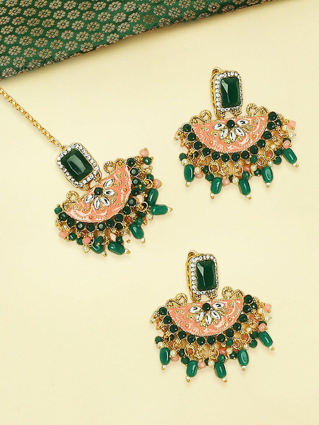 oomph kundan studded & beaded meenakari maang tika & earrings