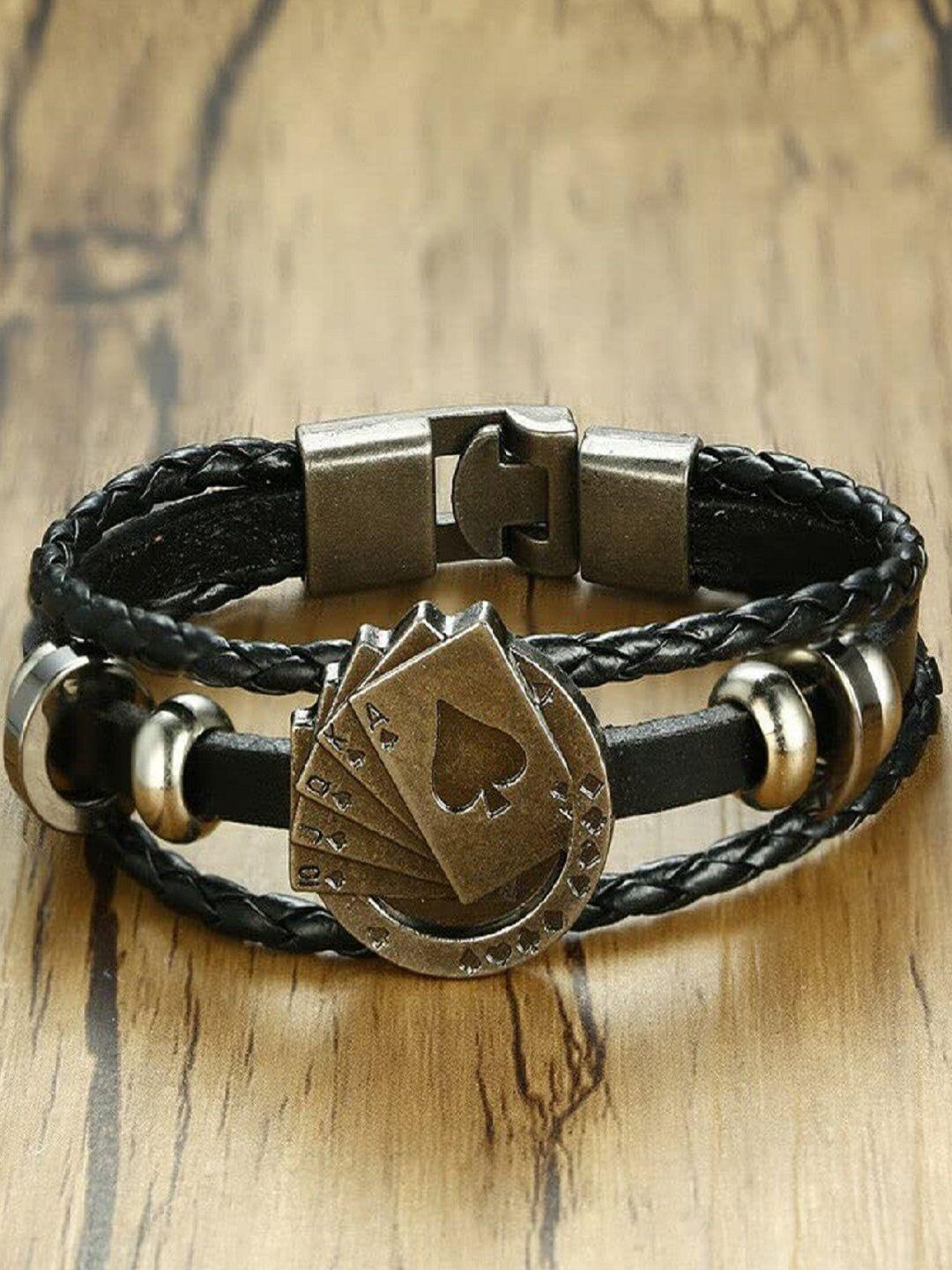oomph men black & silver-toned leather wraparound bracelet