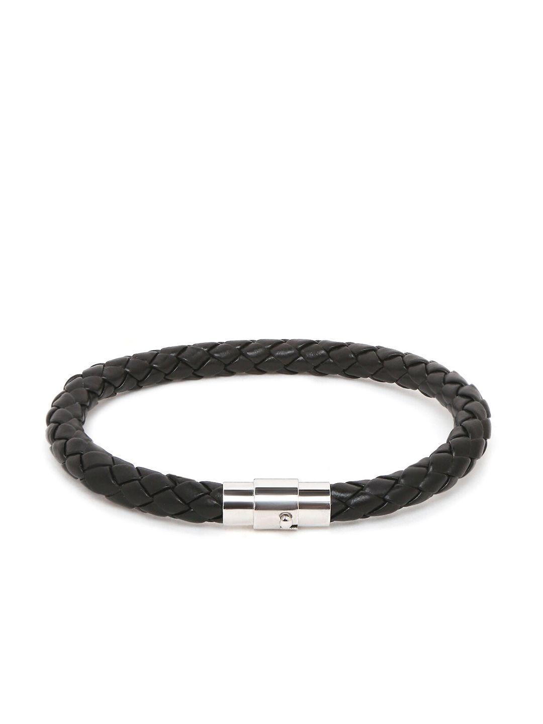 oomph men black solid braided wraparound leather bracelet