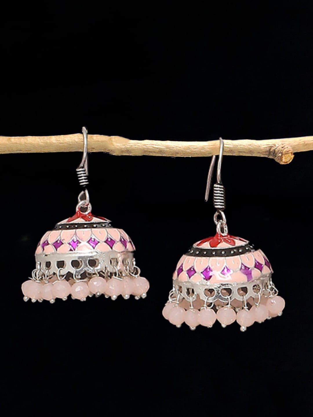 oomph peach-coloured & silver-toned oxidised dome shaped jhumkas earrings