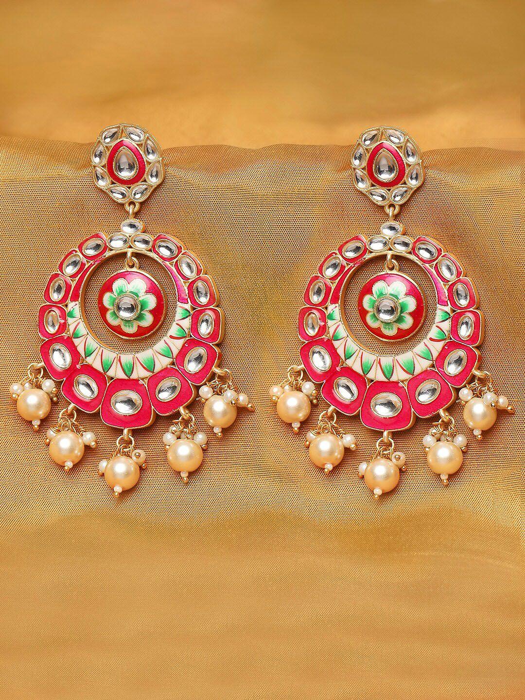 oomph pink & green enamelled floral chandbalis earrings