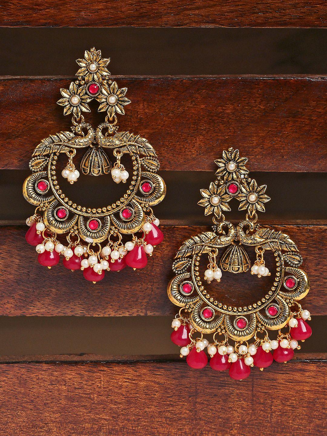 oomph pink & white contemporary pearls chandbalis earrings
