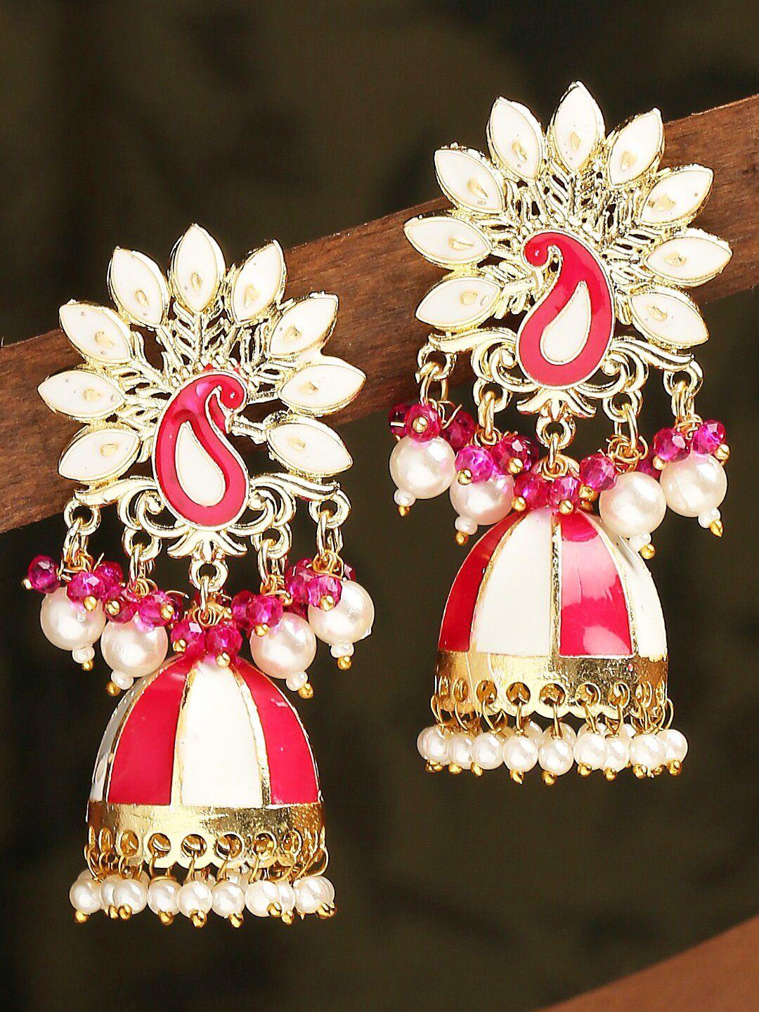 oomph pink & white floral jhumkas earrings