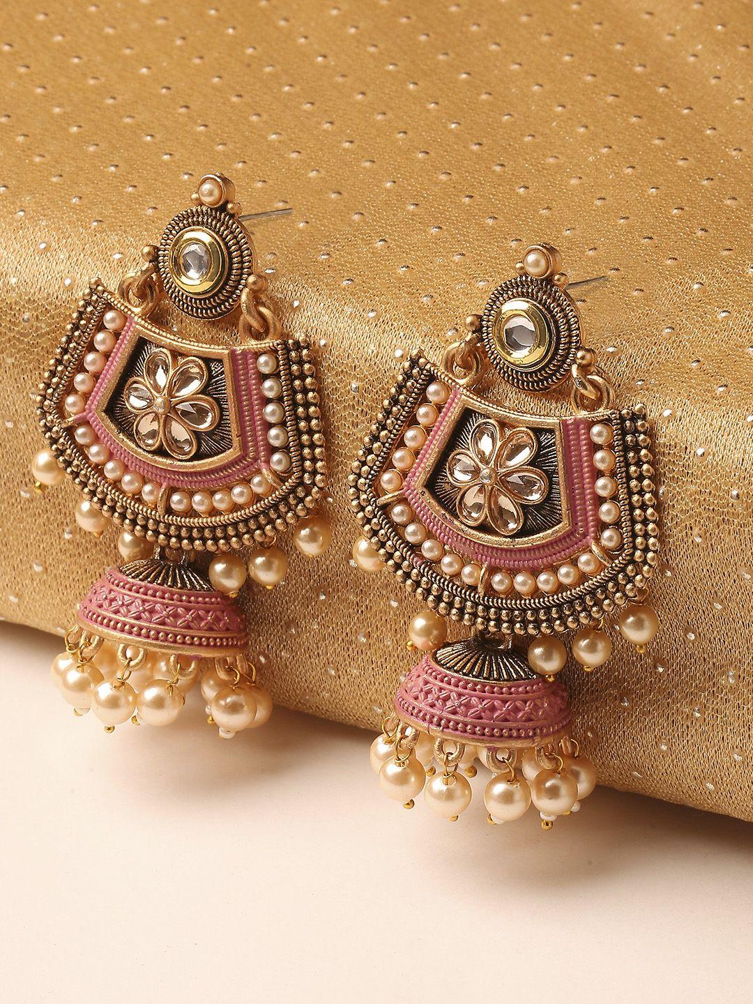 oomph pink meenakari kundan & pearl floral ethnic drop jhumka earrings