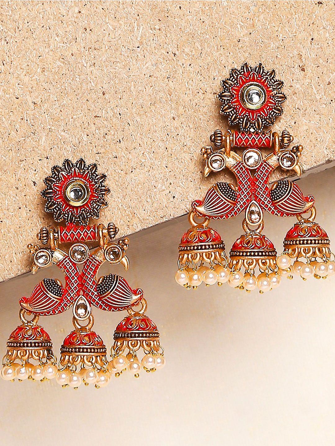 oomph red peacock shaped jhumkas earrings