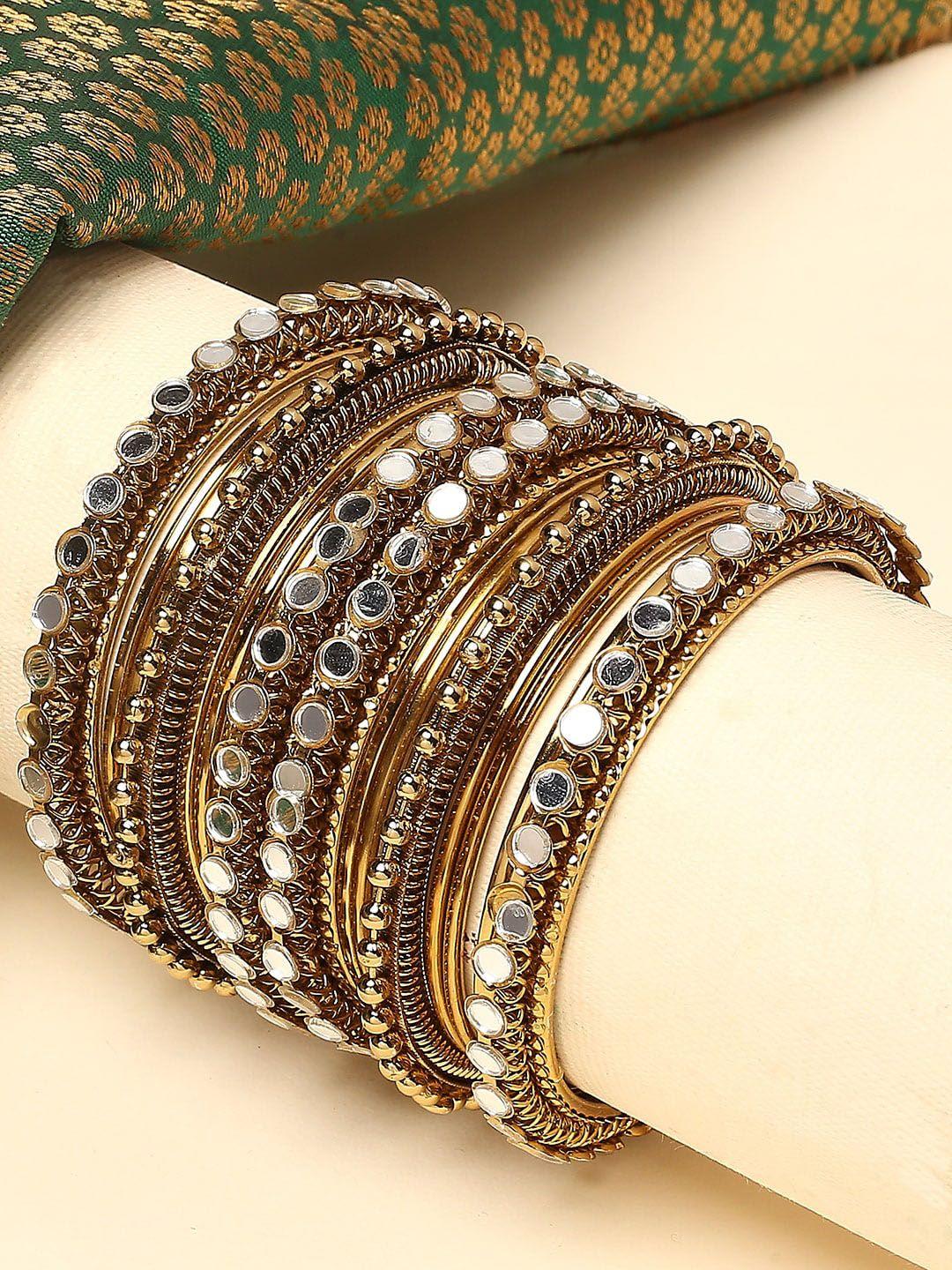 oomph set of 18 antique gold with mirror studded bangle set