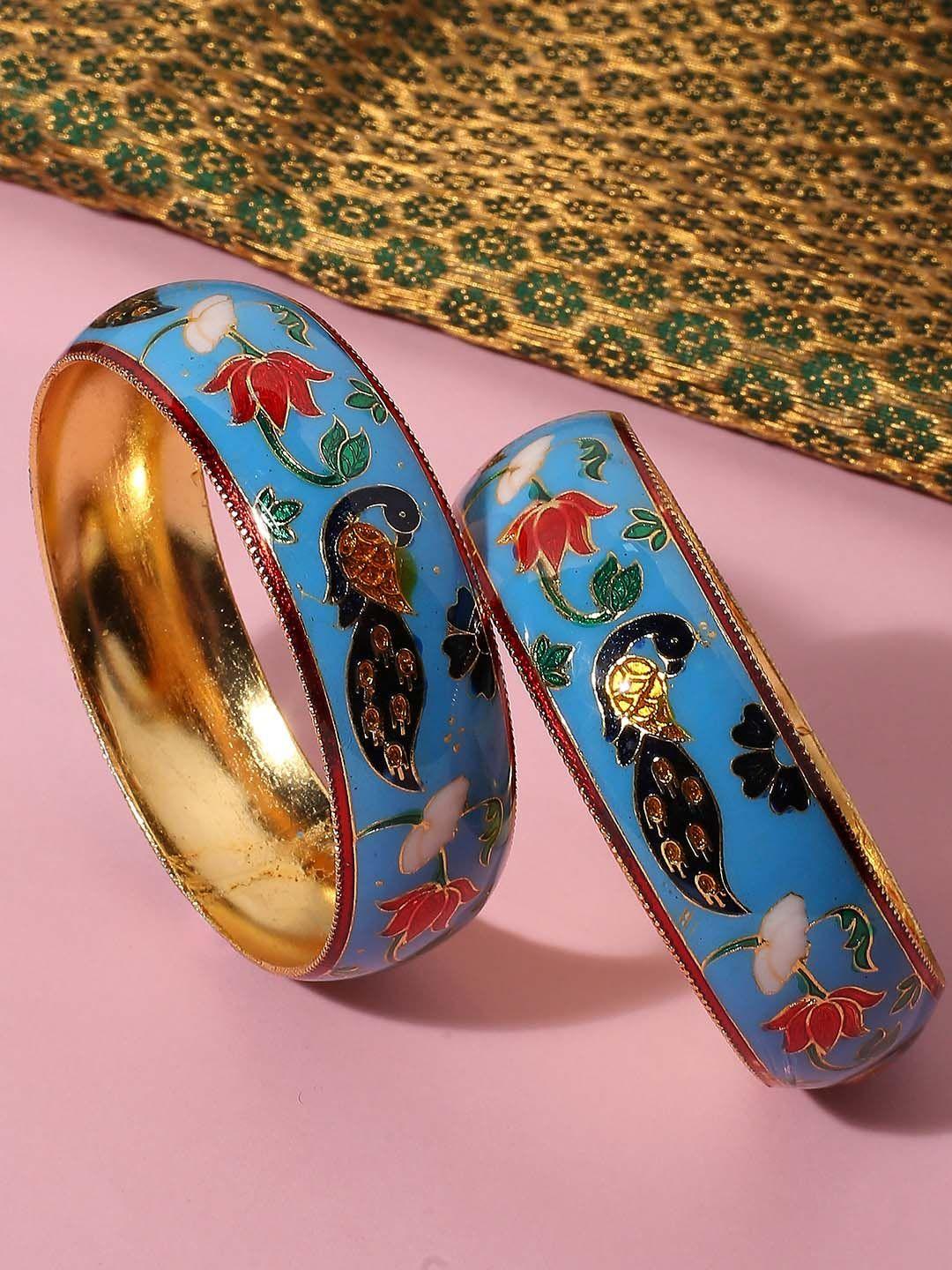 oomph set of 2 meenakari lotus & peacock designed bangles