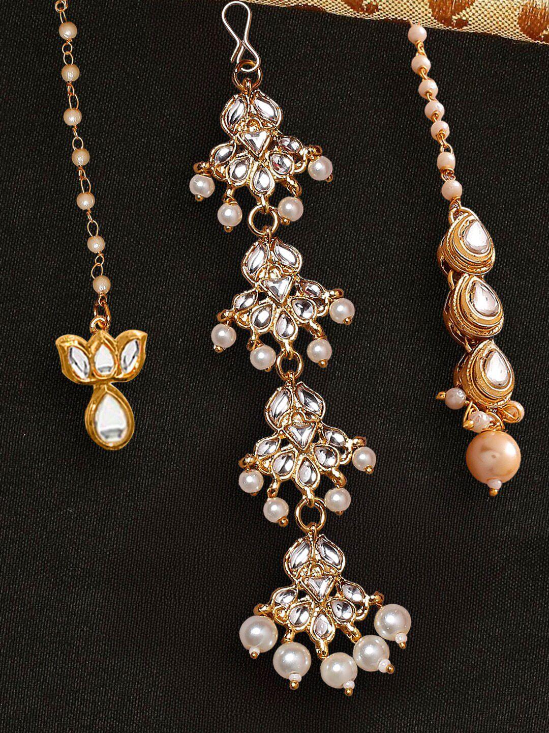 oomph set of 3 gold tone kundan studded & pearls beaded maangtikka