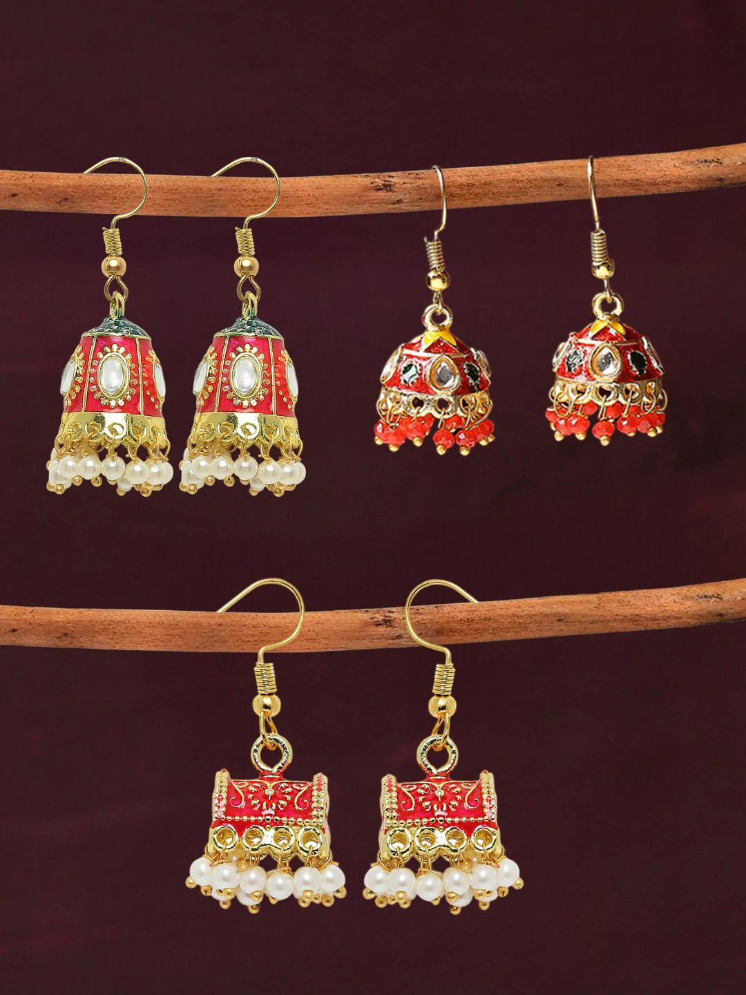 oomph set of 3 pearls beaded dome shaped jhumkas