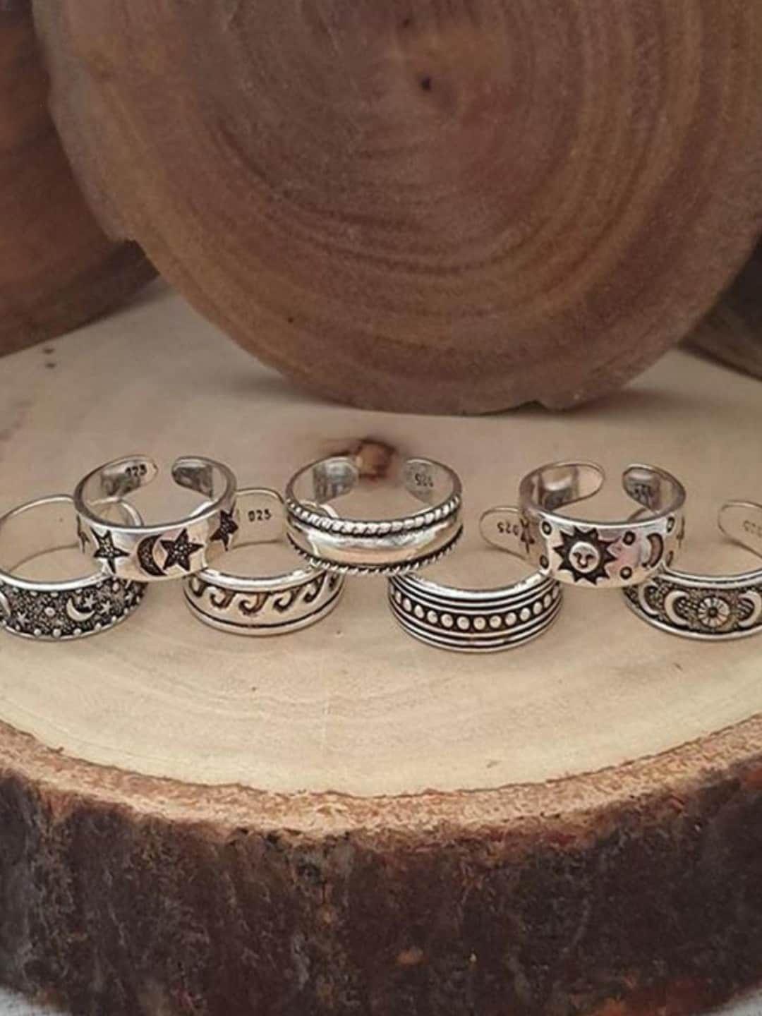 oomph set of 7 oxidised silver-toned bohemian toe rings