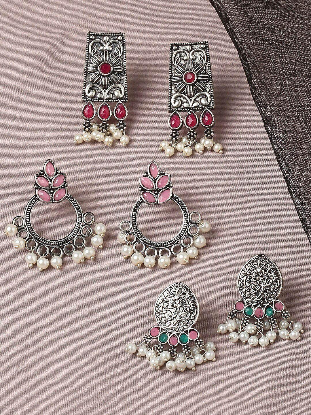 oomph silver-toned & red floral set of 3 jhumkas earrings