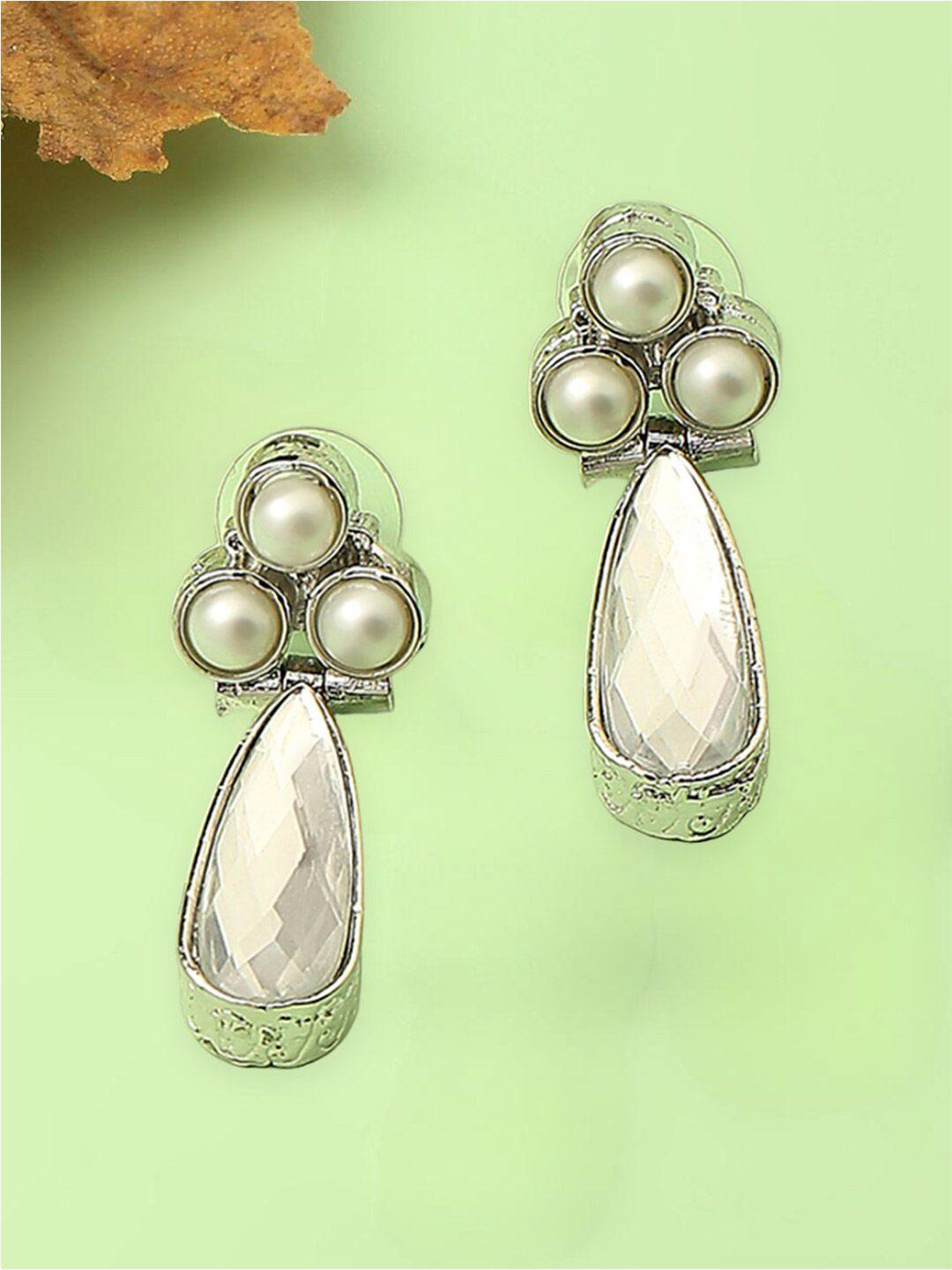 oomph silver-toned & white floral drop earrings
