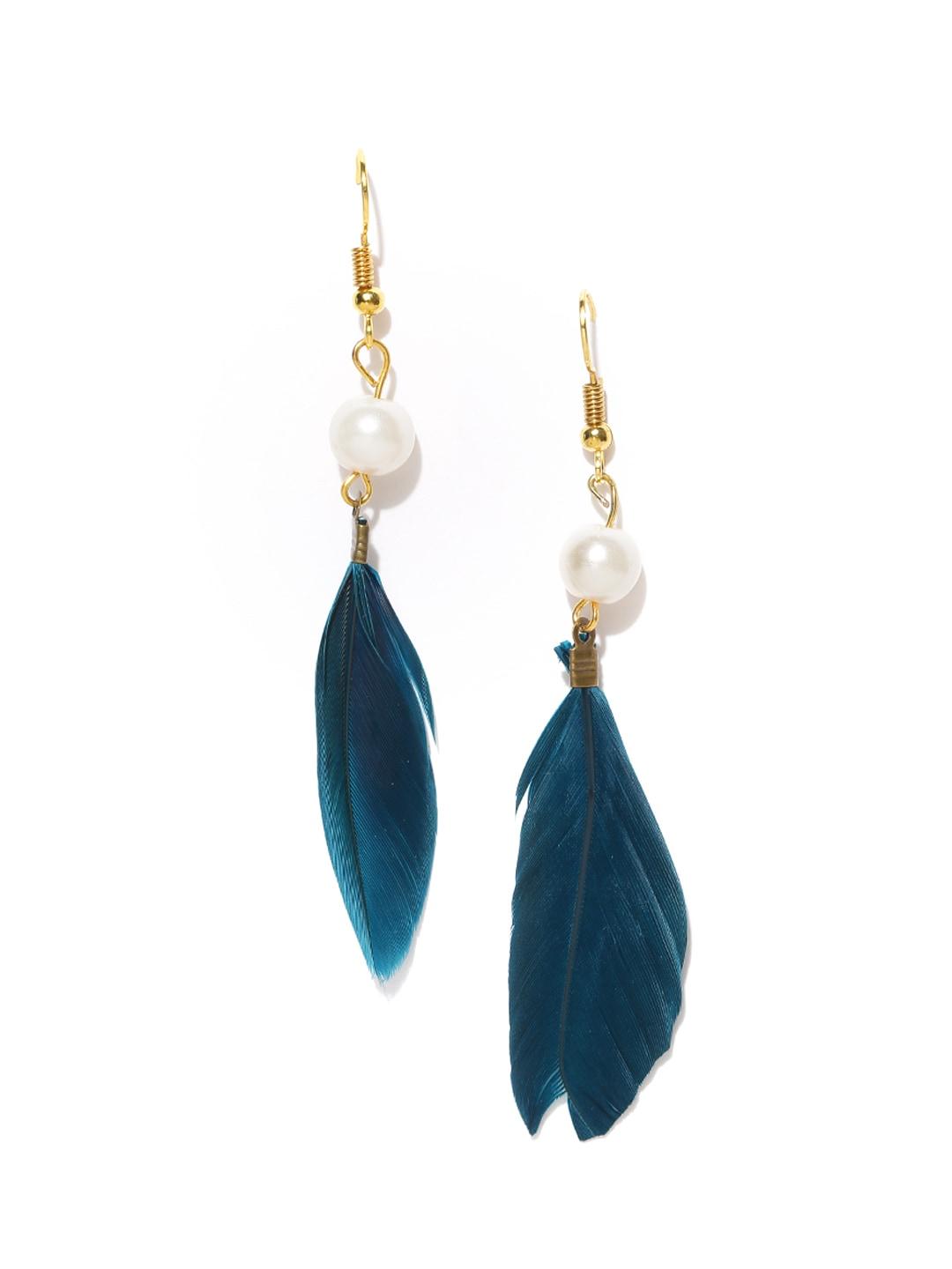 oomph teal blue & off-white feather-shaped handcrafted drop earrings
