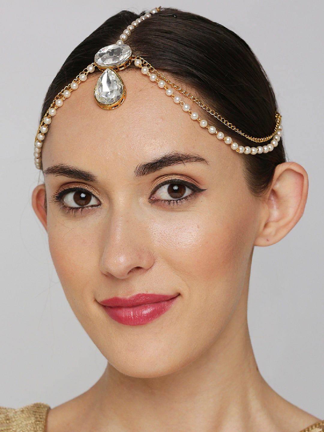 oomph white & gold-toned kundan studded & beaded head jewellery