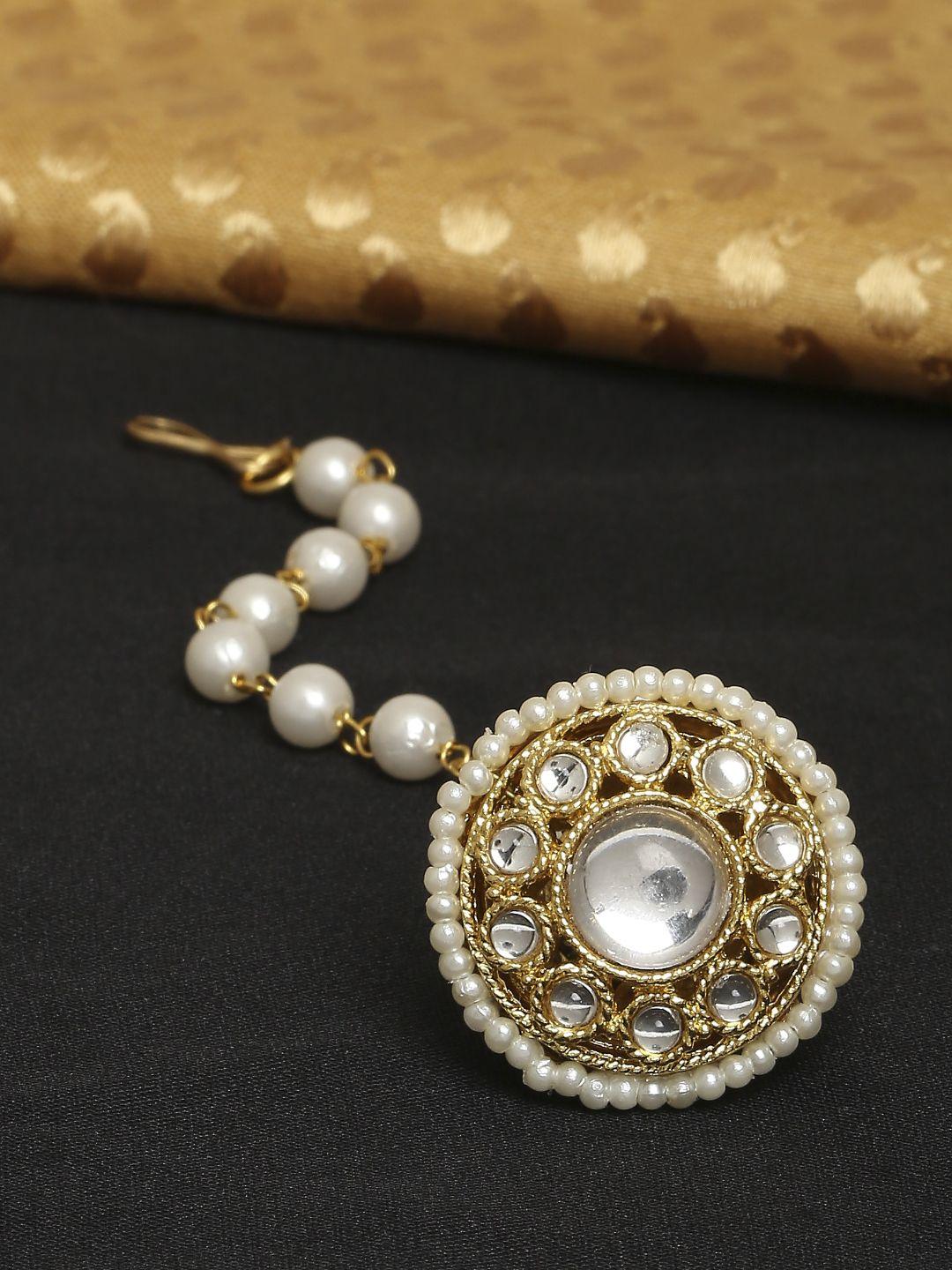 oomph white & gold-toned kundan studded maangtikka