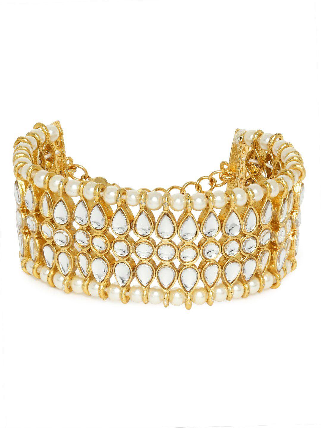 oomph women gold-toned & white kundan handcrafted gold-plated ring bracelet