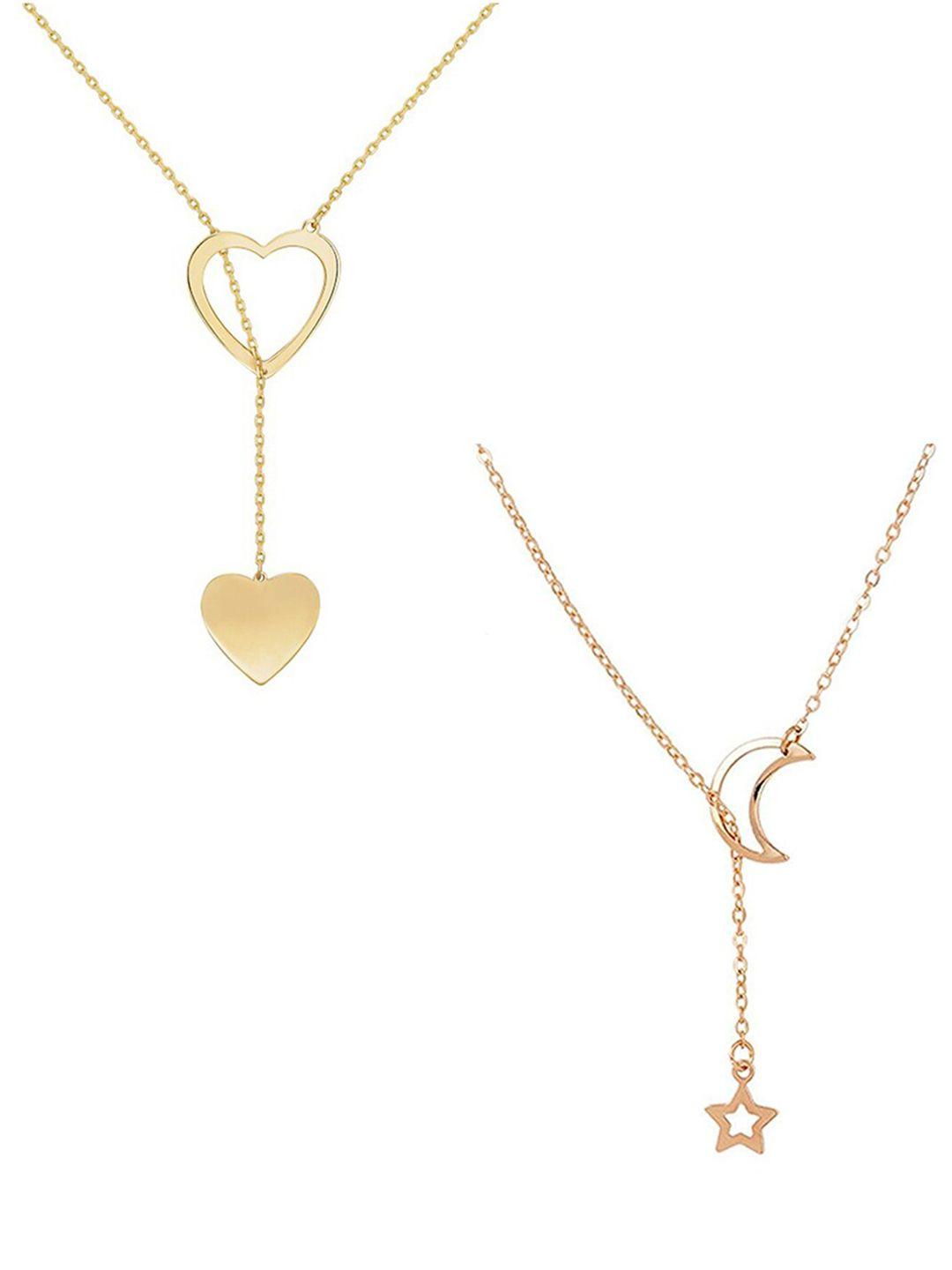 oomph women set of 2 gold tone delicate lariat chain heart, star & moon fashion necklace