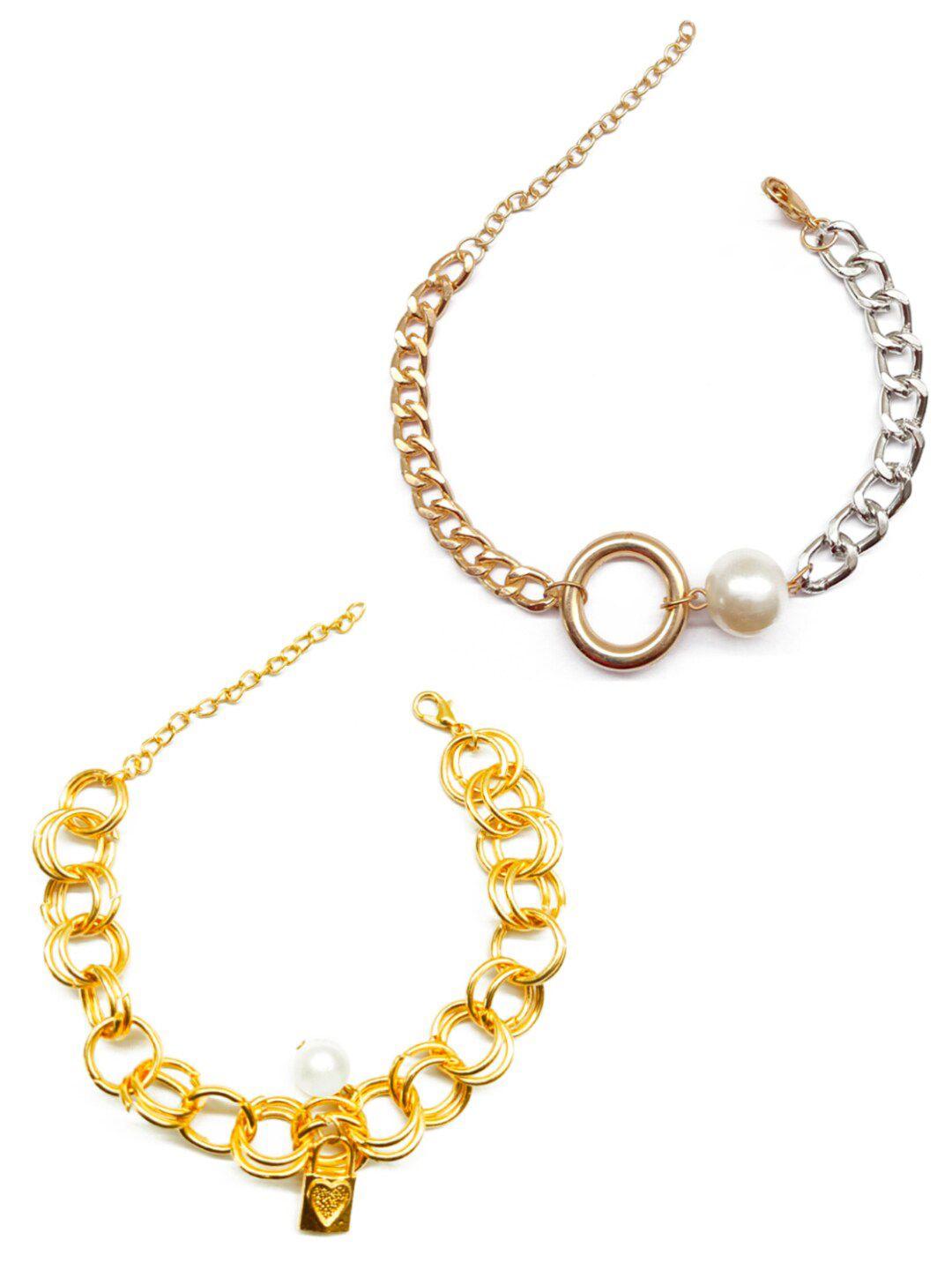 oomph women set of 2 gold-toned & silver-toned pearls gold-plated link bracelet