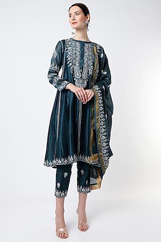 opal blue embroidered short anarkali set