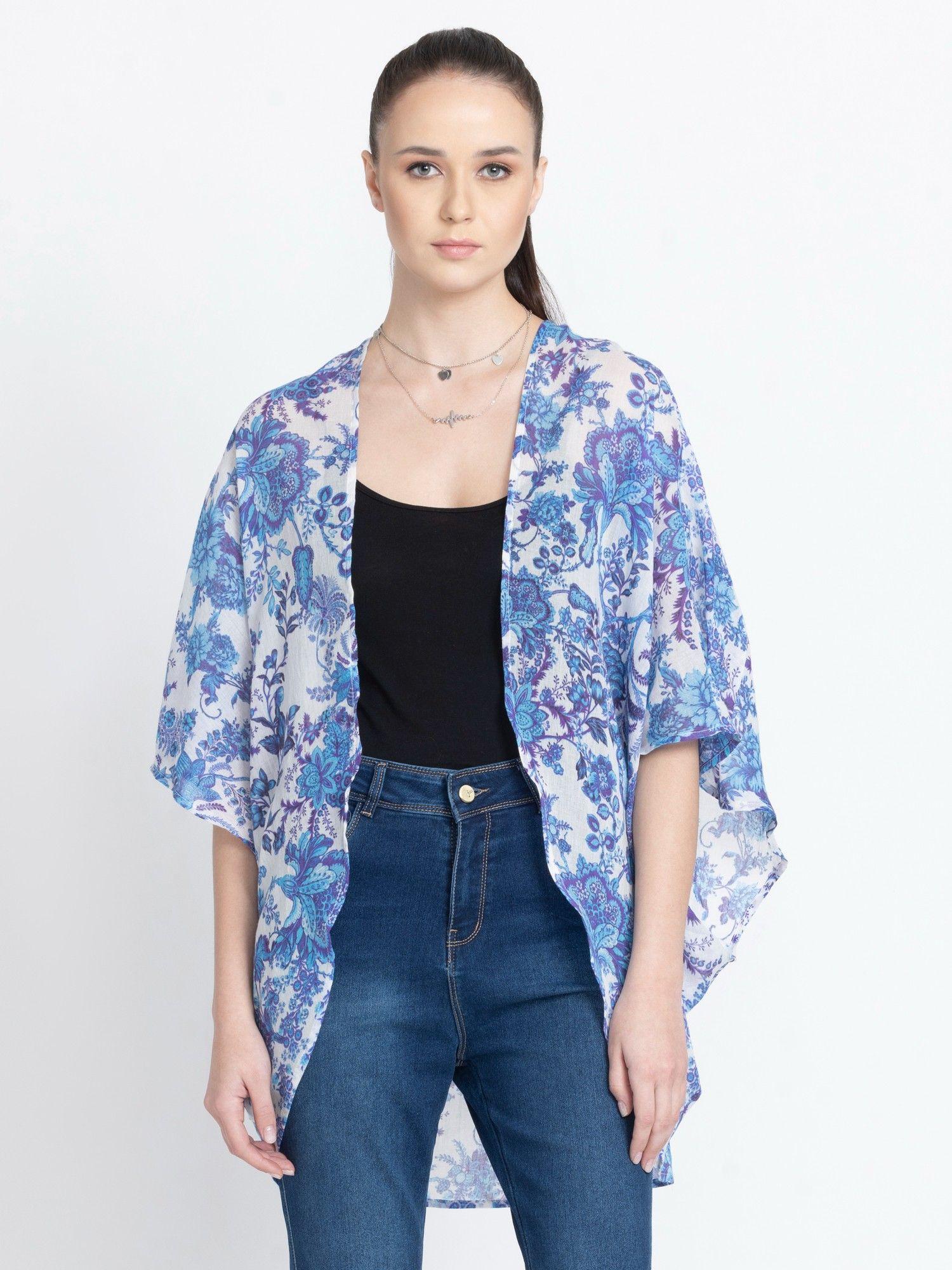 open front white printed casual shrug for women