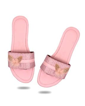 open-toe flat sandals with flower accent