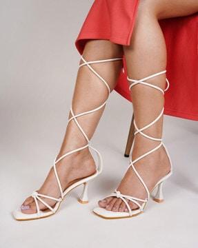 open-toe kitten heeled sandals with tie-up