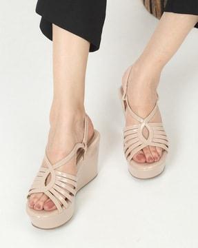open-toe slip-on heeled wedges with ankle strap